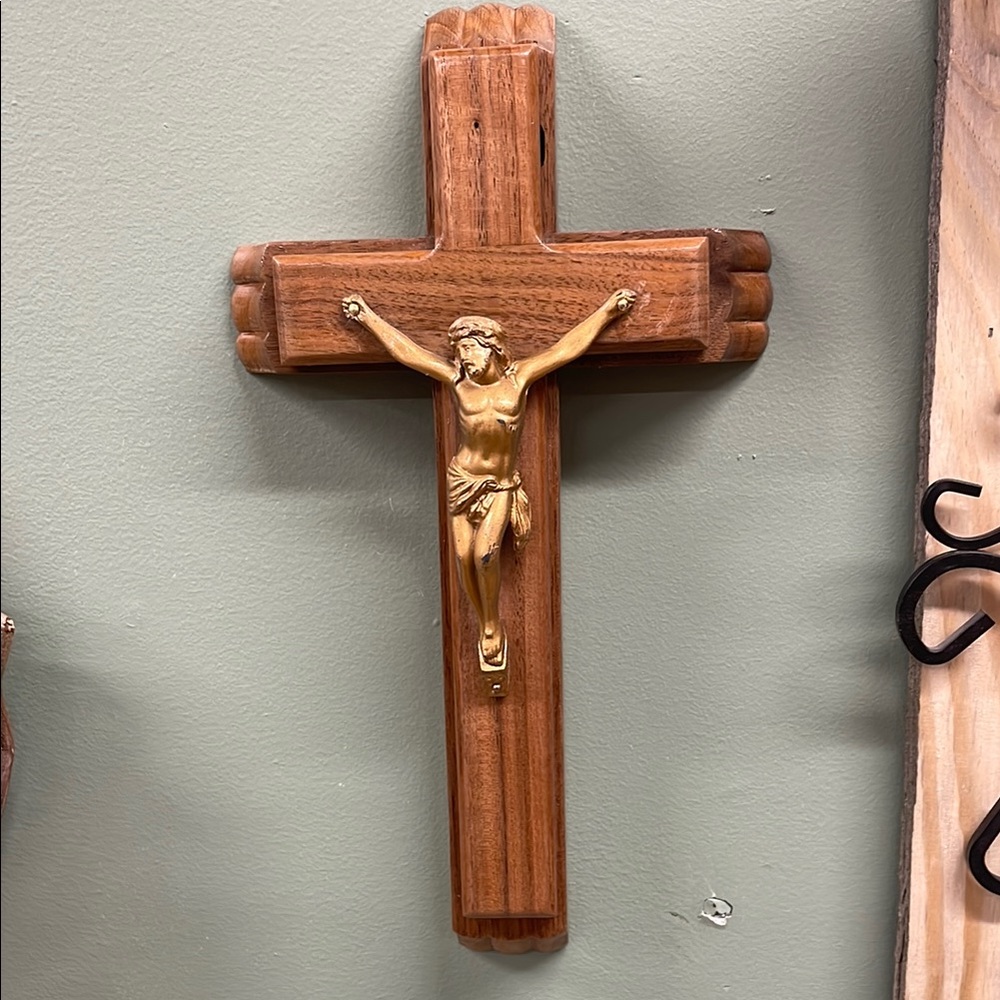 Vintage Walnut Wood Crucifix Gold Tone Metal Christ Wall Door Hanger